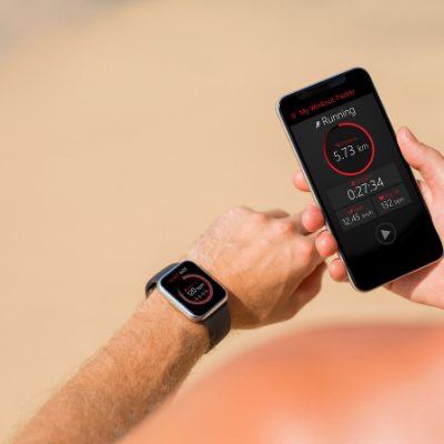AI and fitness technology showing heart-rate training workout, phone and watch